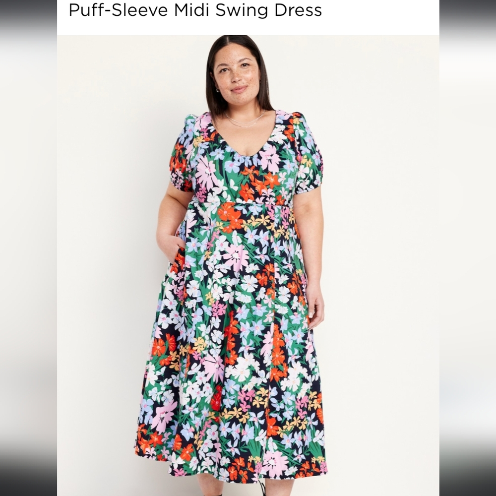 Puff Sleeve Defined Waist Midi Dress